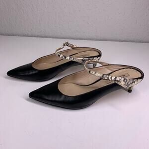 MASSIMO‎ DUTTI Black Leather Snakeskin Pointed Toe Slip-On Kitten Heel Size 35